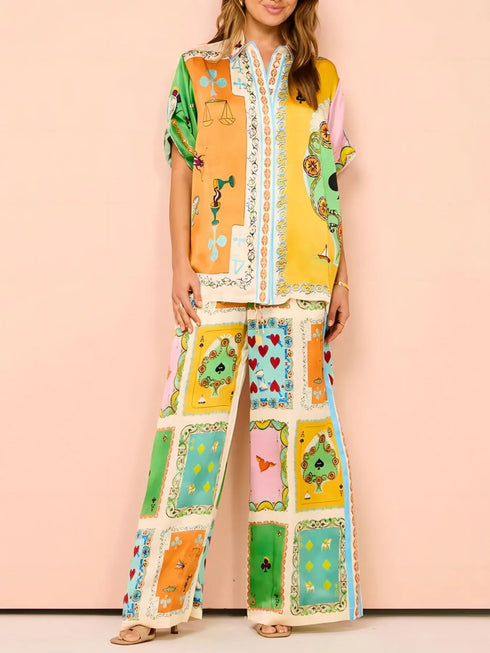 'Fauna' The Deck Print Button Down Shirt and Pants Set - Celes Fashion